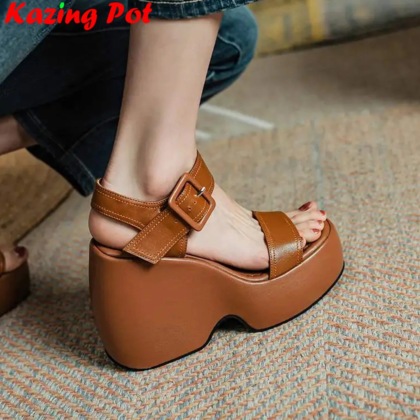 Krazing Pot 2026 Comfort Sheepskin Superstar High Thick Bottom Summer Shoes Casual Slingback Luxury Brand Platform Women Sandals
