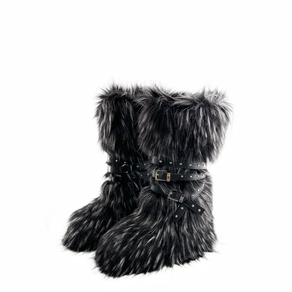 Faux Fur Knee-High Boot Round Toe Height Increasing Wild Winter Warmer Belt Buckle Slip-On Fashion Luxury Sexy Women Shoe Newest