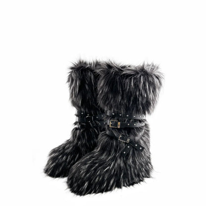 Faux Fur Knee-High Boot Round Toe Height Increasing Wild Winter Warmer Belt Buckle Slip-On Fashion Luxury Sexy Women Shoe Newest