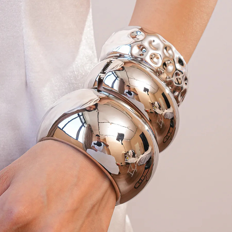 Punk Silver Color Acrylic Cuff Bracelet for Women Men Geometric Round Wide Bracelets Bangles Party Hand Accessories Gifts F