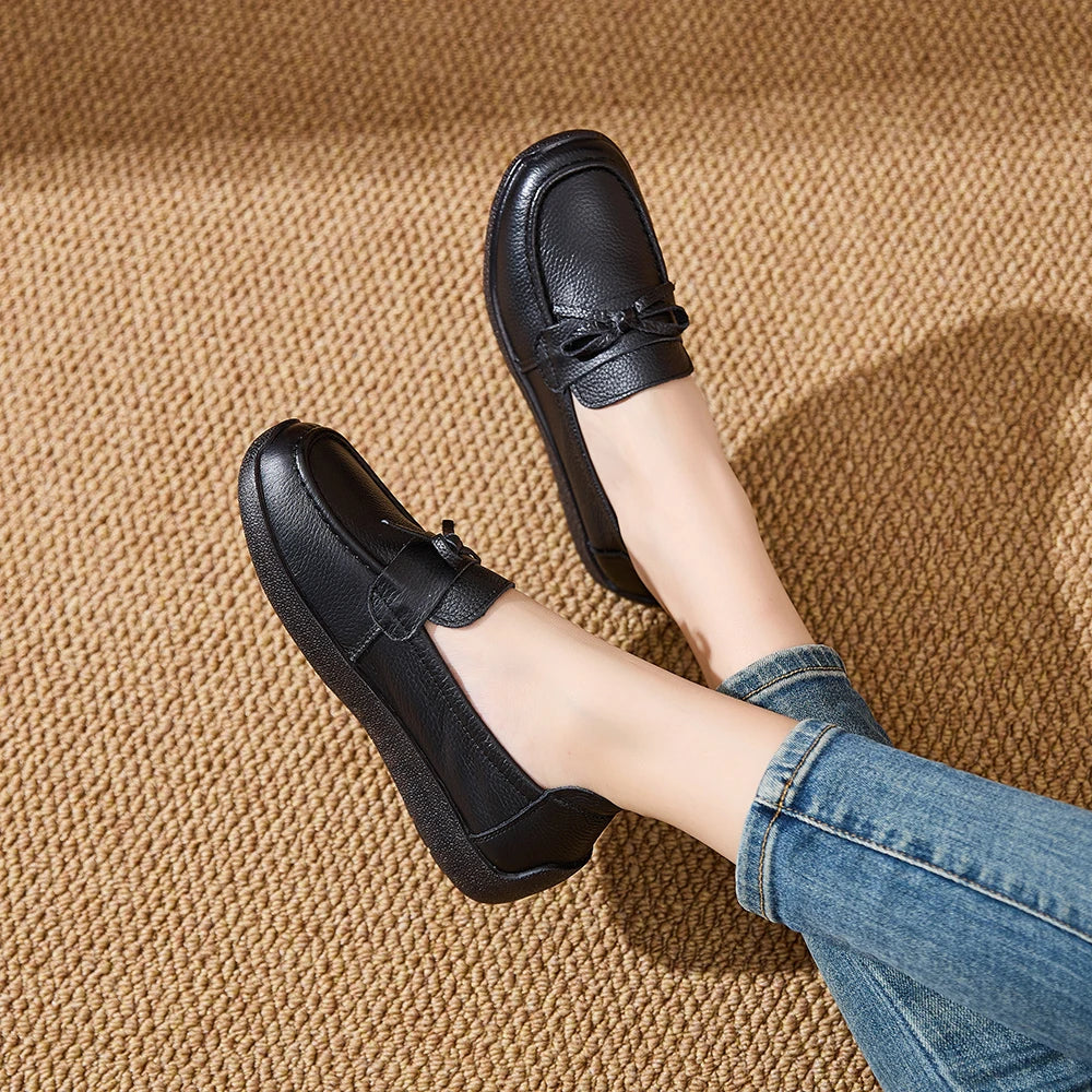 AIYUQI Women Bow Genuine Leather Loafers Slip‑on Platform Women Flat Shoes Mother Shoes Ladies Casual Walking Moccasins