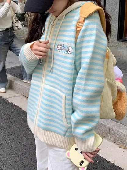 Pink Striped Knitted Sweater Coat Loose Women's Sle Korean Version Autumn Winter New Arrival Sweet School orm Theme