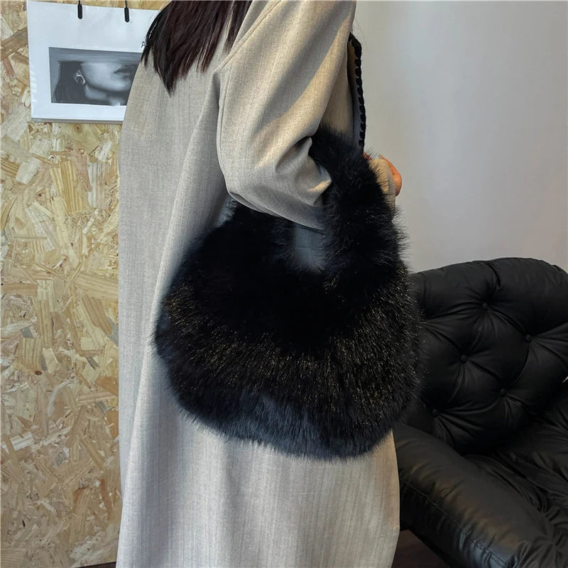 Winter Shoulder Bags Casual Furry for Women Solid Color Soft Plush Ladies Clutch Purse Handbags Lightweight Female Hobos Bag