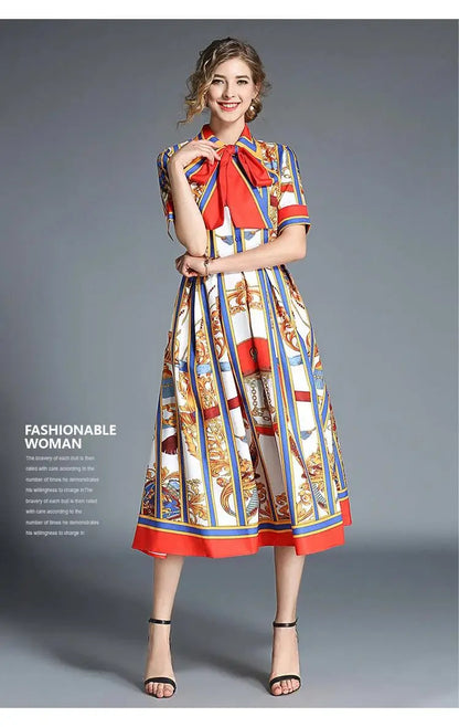 Women's Orange Striped Short Sleeves Vintage Belt Bow Tie Collar Shirt Dress Summer Runway Chain Printing Casual Midi Vestidos