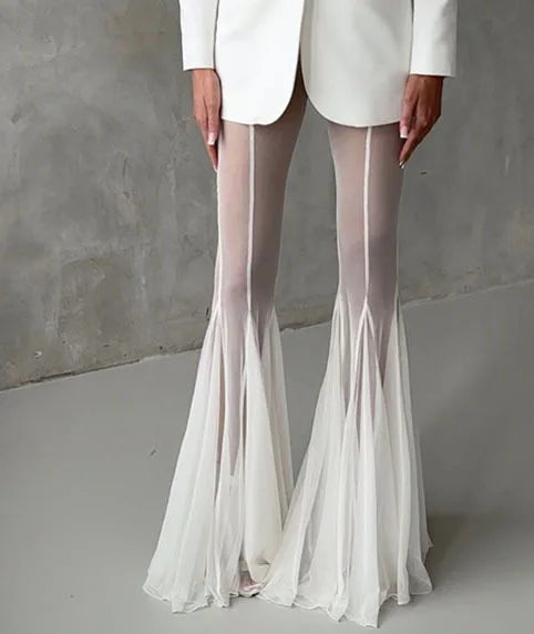 Sexy Sheer Flare Pants For Women Fashion Solid High Waist Long Pants Lady Casual Holiday Streetwear Women's Clothing New 2025