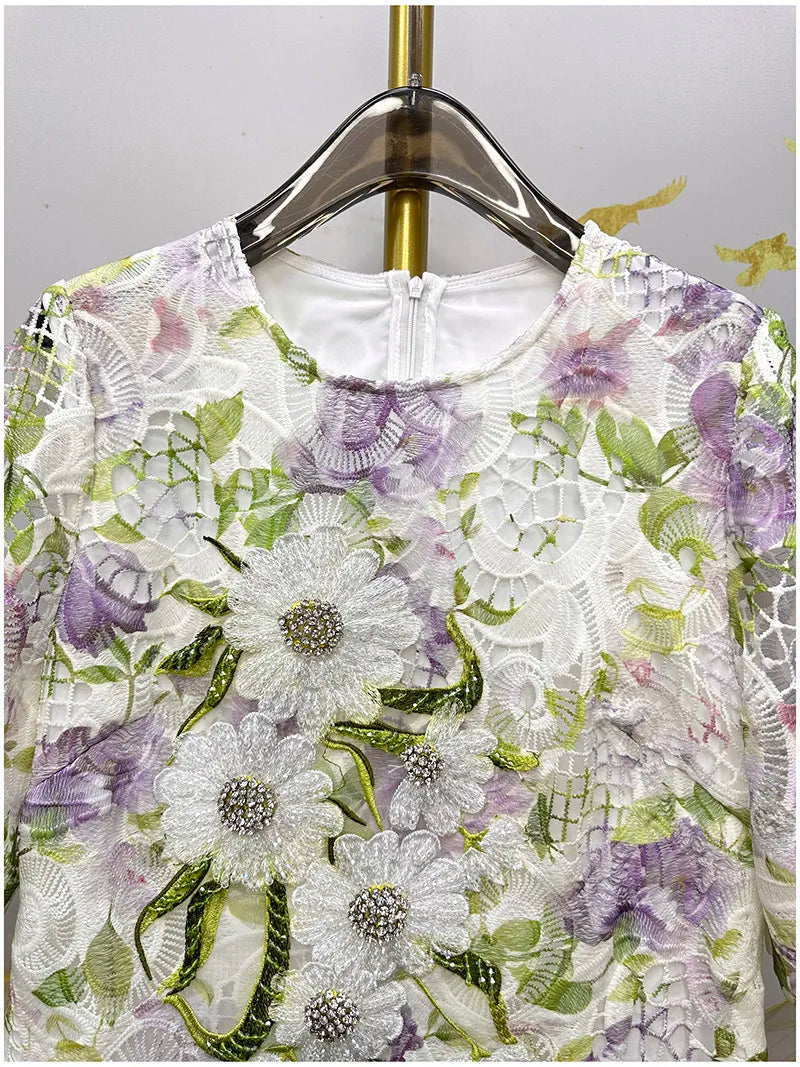 Womens Summer Hollow Embroidery Dress Short Sleeve Beaded Applique Lace Midi Dress Casual Elegant Chic Summer Party Wear
