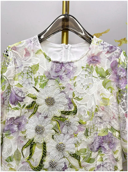 Womens Summer Hollow Embroidery Dress Short Sleeve Beaded Applique Lace Midi Dress Casual Elegant Chic Summer Party Wear