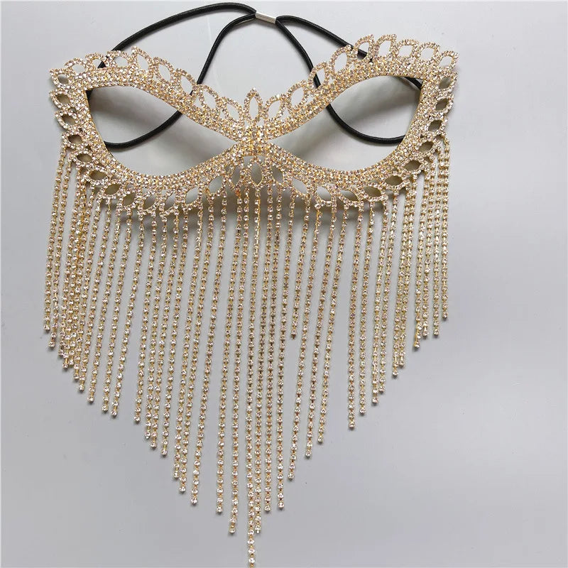 Charms Sexy Rhinestone Tassel Masquerade Face Jewelry For Women Facial Accessories Banquet Party Mask Full Face Chain Decoration