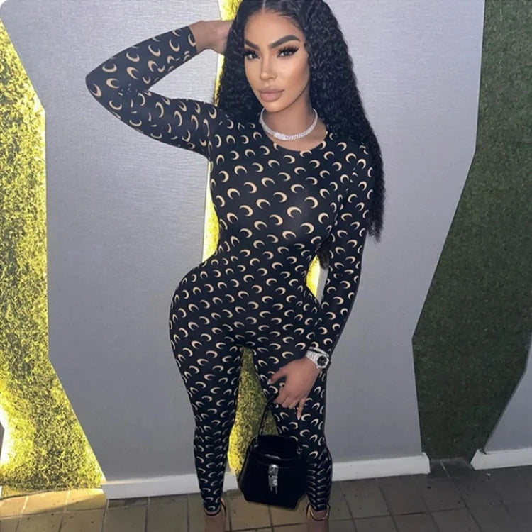 STYLISH LADY Moon Printed Sports Rompers and Jumpsuits 2025 Summer Women Long Sleeve O Neck Bodycon Sexy Club Party Overalls