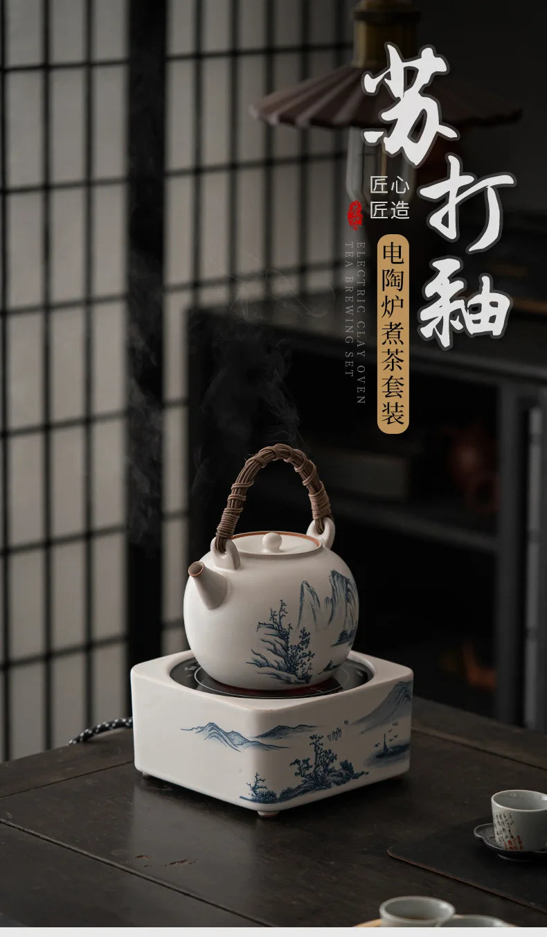 Retro Soda Glaze Ceramic Teapot Hand-painted Landscape Lifting Beam Pot Boiling Water Side Handle Kettle For Electric Stove