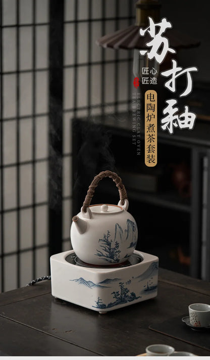 Retro Soda Glaze Ceramic Teapot Hand-painted Landscape Lifting Beam Pot Boiling Water Side Handle Kettle For Electric Stove