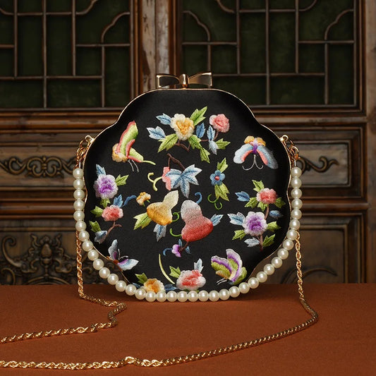 Cape-Bay Embroidered Women's Bag with Cheongsam, Chinese Classical Flower Embroider Small Bag Flower Cloth Bag, Gold Edged Gold Lock Chain Bag, Fashionable Niche Black Flower Cloth Bag, Banquet Party Casual Shoulder Bag, Cros