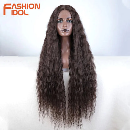 FASHION IDOL 42" Loose Wave Lace Front Wig Hair Synthetic Wigs For Women Ombre Blonde Water Wavy Long Curly Hair Wig Cosplay