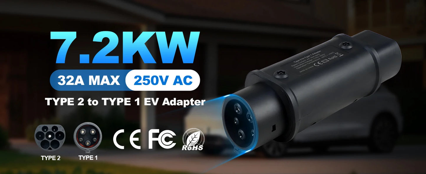 Kolanky Type2 To Type1 EV Charger Adapter Converter IEC 62196 16A 32A J1772 For Electric Vehicle Charging Connector