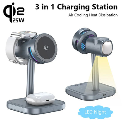 3 IN 1 Magnetic qi2 25W Wireless Charger Stand LED Light  Air Cooling Fast ChargingFor iPhone 17~12 Airpods Pro 3/2 Apple Watch