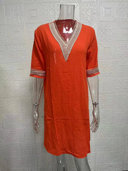 New solid color V-neck mid-sleeved elegant dress