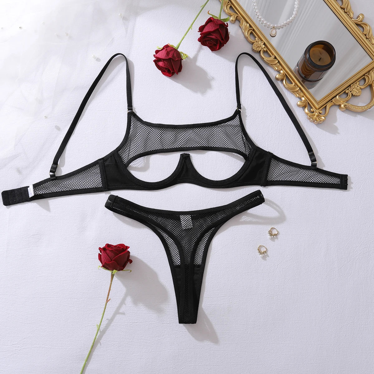 AVELINE Fashion Hollow Mesh Splicing PU Leather Gathering Sexy Strap Underwear Set