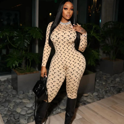 STYLISH LADY Moon Printed Sports Rompers and Jumpsuits 2025 Summer Women Long Sleeve O Neck Bodycon Sexy Club Party Overalls