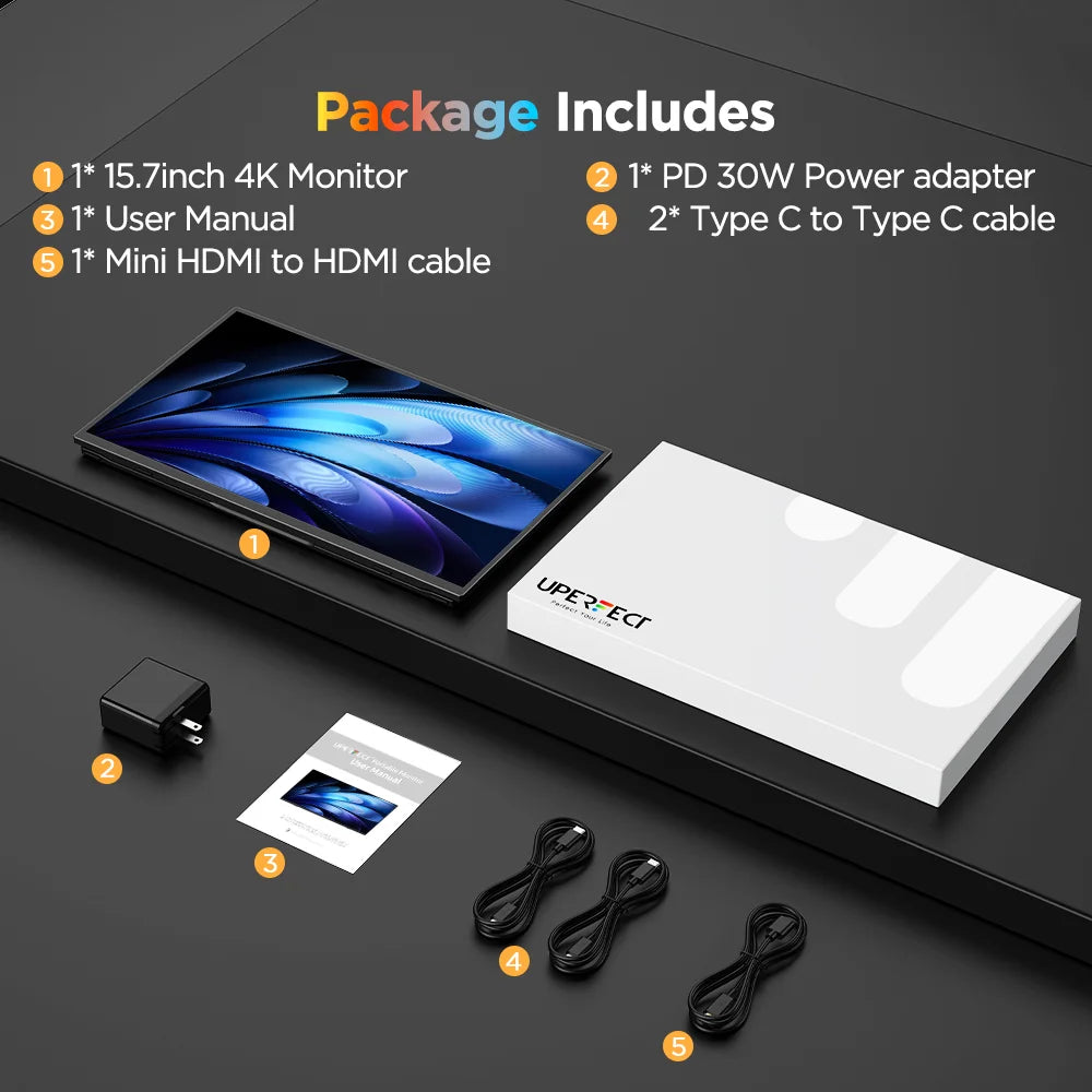 UPERFECT 4K Portable Monitor Touchscreen 15.7” 100% sRGB Laptop Monitor 3840 * 2160 UHD 350 Nits Ultra-Slim USB-C & MINI HDM VESA & Stand Travel Screen for Computer PC Game Consoles