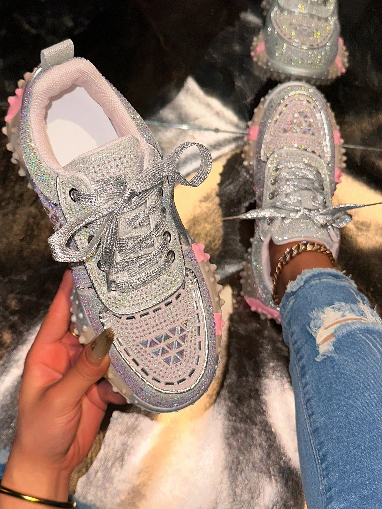 Women's Sport Shoes Crystal Sneakers Casual Flats Platform Shoes Woman 2025 Designer Brand Hiking Running Shoes Mujer