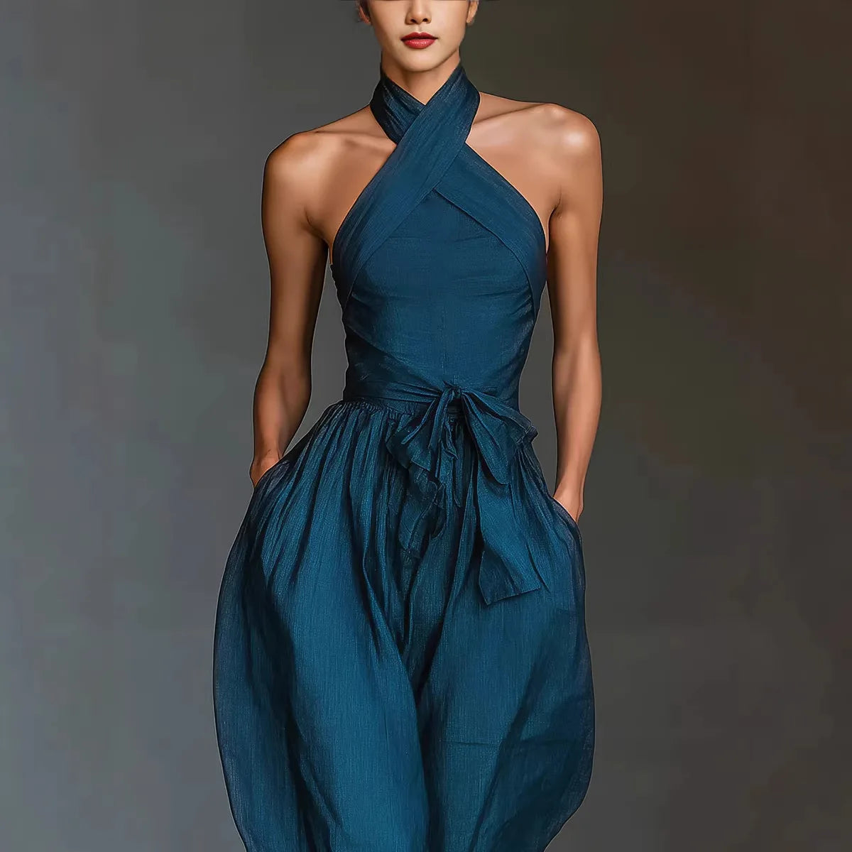 Chic High Waist Tie-up Wide Leg Pants Jumpsuit Women Sexy Criss Cross Halter Backless Zips Romper Summer Solid Office Overalls