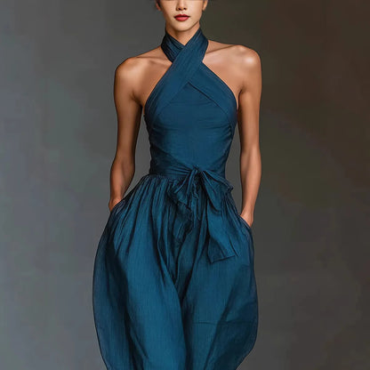 Chic High Waist Tie-up Wide Leg Pants Jumpsuit Women Sexy Criss Cross Halter Backless Zips Romper Summer Solid Office Overalls