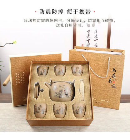 Retro Japanese coarse pottery beam pot business gift ceramic kung fu tea set large teacup