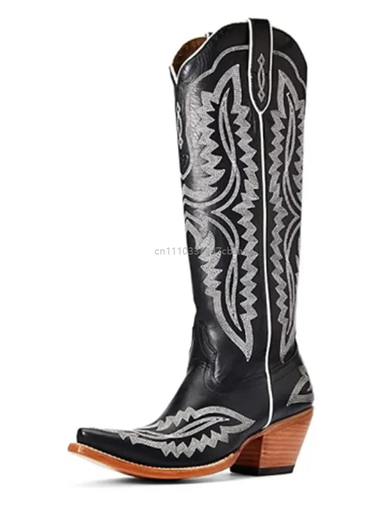 Women Western Cowboy Style Boots Pointed Thick High Heels Knee Length Embroidered Boot Autumn Block Heel Retro Casual Shoes