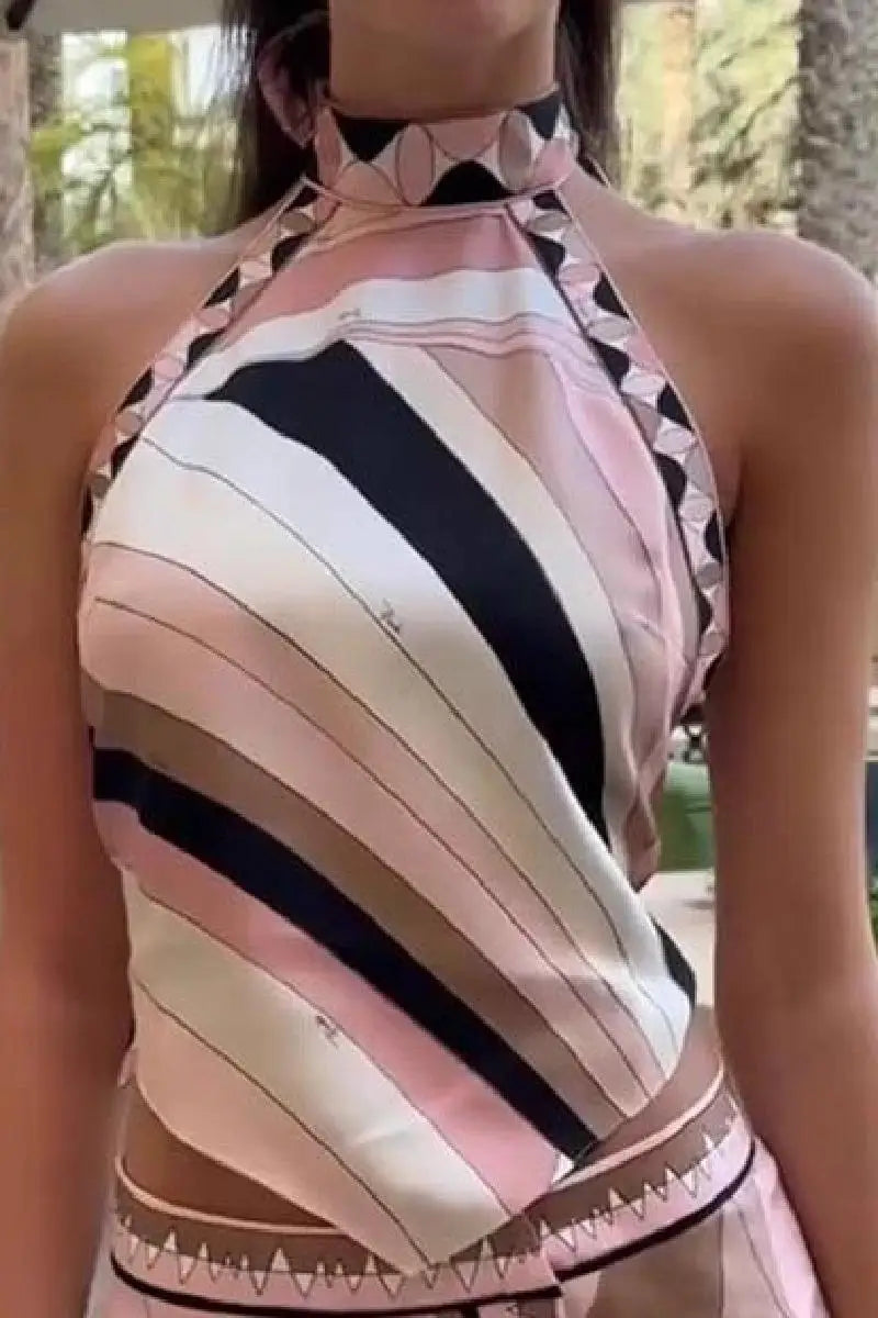 Summer Printed Women Crop Top Metal Strap Backless Lace Up Tank Chic Party Beach Strapless Vestidos 2025 Lady Vacation Clothing