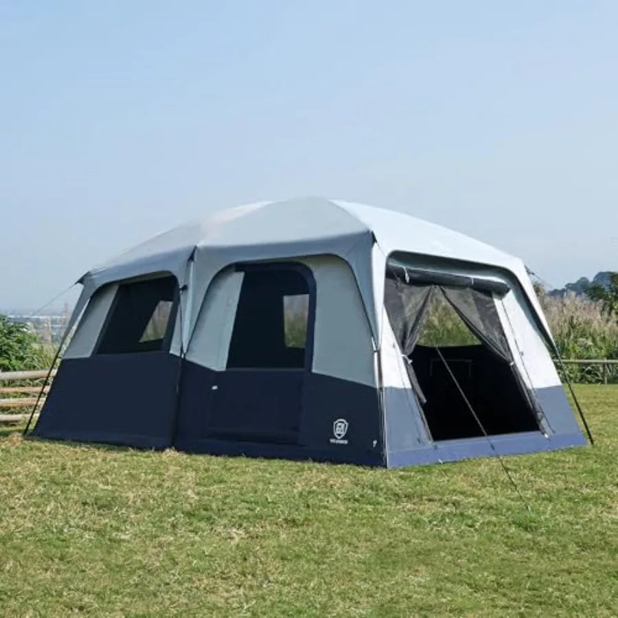 Camping tent for 10 persons, blackout design, black fabric, multi-room layout with rainfly and carry bag, 2 doors, water-resist