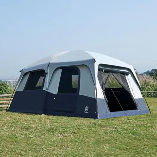 Camping tent for 10 persons, blackout design, black fabric, multi-room layout with rainfly and carry bag, 2 doors, water-resist