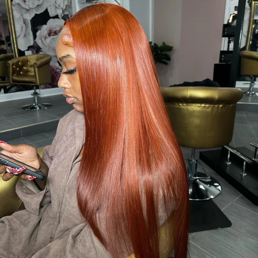 34 Inch 200% Ginger Orange Color 13X4 HD Transparent Lace Frontal Wigs Bone Straight Brazilian Pre Plucked With Baby Hair