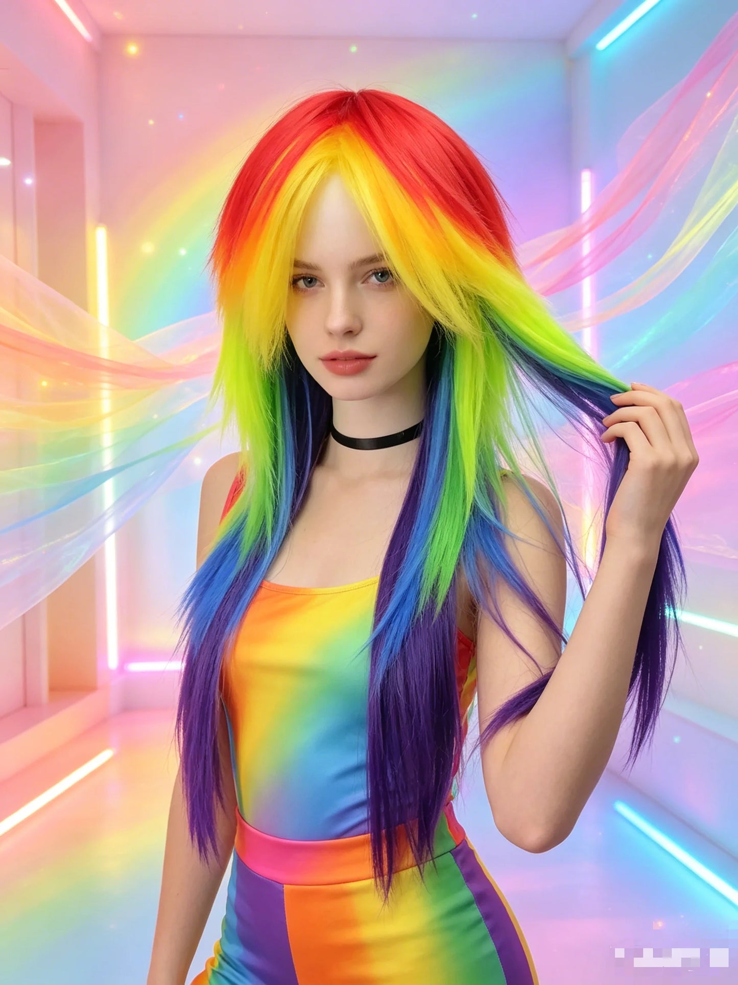 Rainbow Ombre Long Straight Layered Synthetic Wig With Bangs Unisex Pride Halloween Party Cosplay Costume Hairpiece