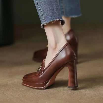 Split Cowhide Leather Shoes,Women Platform Block High Heels,Square Toe, Slip On,Retro Style,Brown,Black,Size 34-39,Dropship