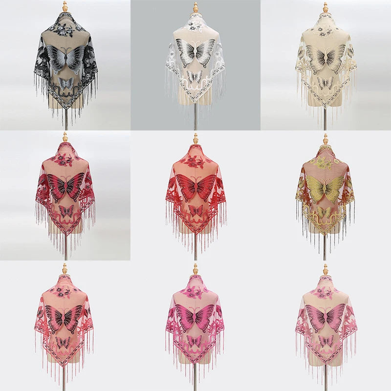 New Women Lace Tassel Triangular Scarf Solid Hollow-out Butterfly Embroidery Scarves Soft Lady Shawl Foulard Party Wrap Shawls