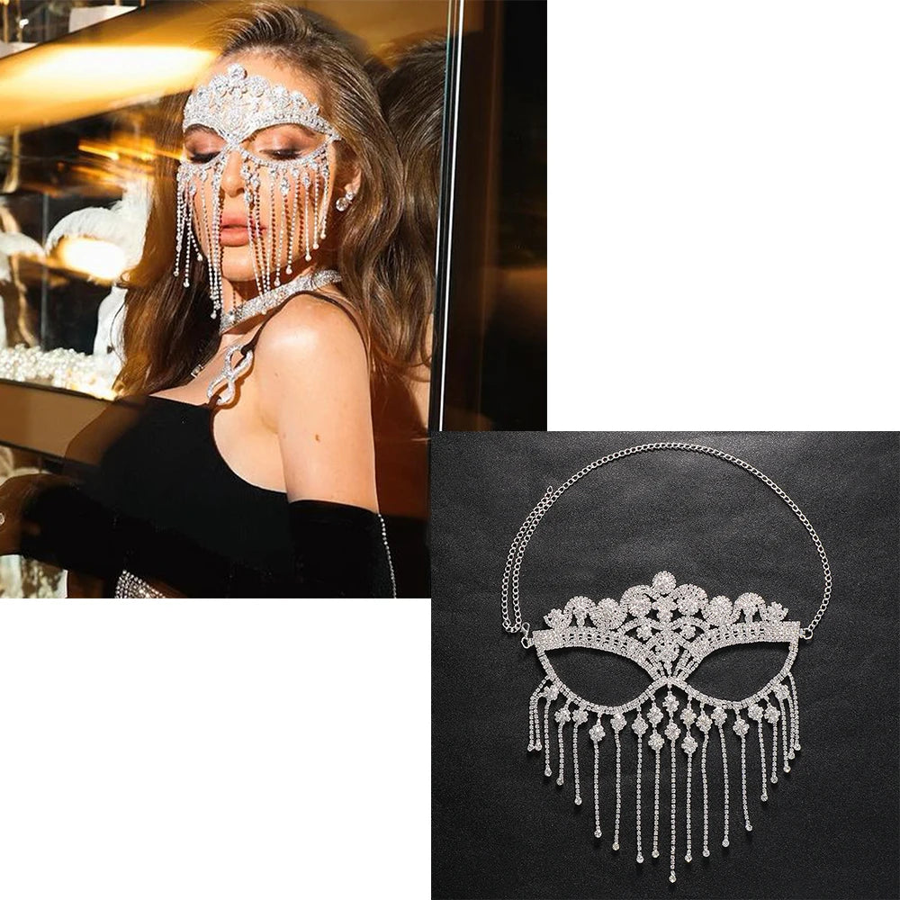 Charms Sexy Rhinestone Tassel Masquerade Face Jewelry For Women Facial Accessories Banquet Party Mask Full Face Chain Decoration