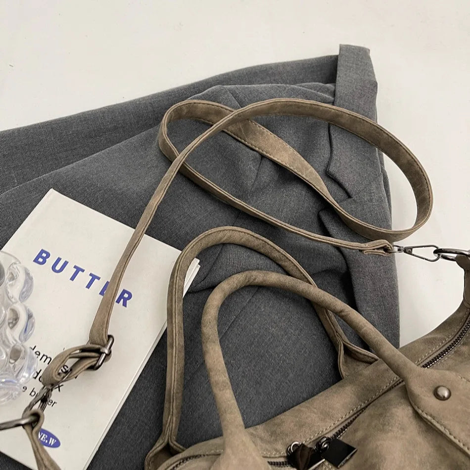 Retro Distressed Suede Texture Boston Hobo Bag Large Capacity Tote Handbag Shoulder Crossbody Bag for Women Daily Commute Trave