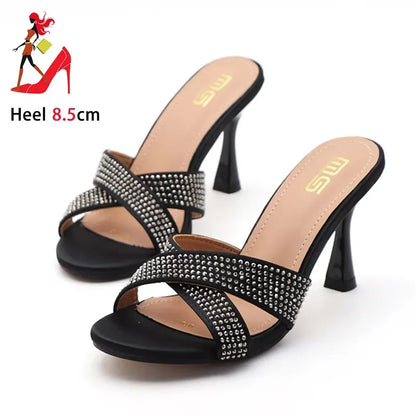 Rhinestone Slippers For Woman 2025 New Elegant Party Shoes Summer Thin High Heeled Slides Fashion Women Sandals Zapatos Mujer
