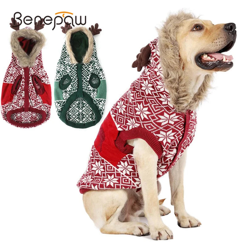 Benepaw Christmas Dog Sweater Winter Warm Reindeer Hooded Knitted Pullover Cat Puppy Clothing Pet Clothes For Small Medium Dogs