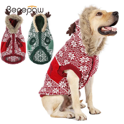 Benepaw Christmas Dog Sweater Winter Warm Reindeer Hooded Knitted Pullover Cat Puppy Clothing Pet Clothes For Small Medium Dogs