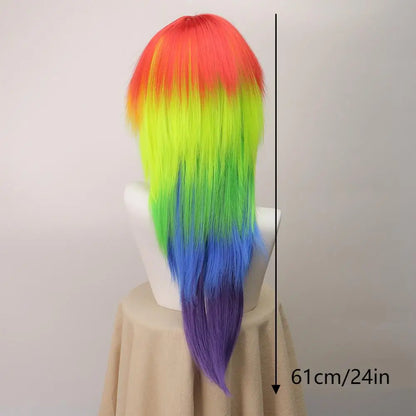 Rainbow Ombre Long Straight Layered Synthetic Wig With Bangs Unisex Pride Halloween Party Cosplay Costume Hairpiece