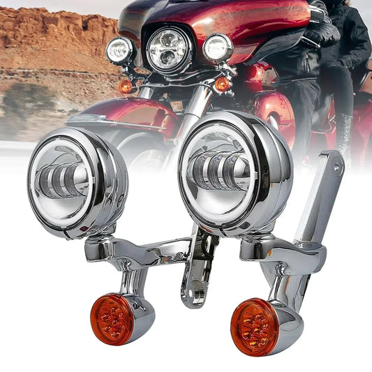 Motorcycle 4.5'' LED Headlight Auxiliary Fog Passing Lighting Bracket For Touring Road King Street Glide Turn Signal Spot