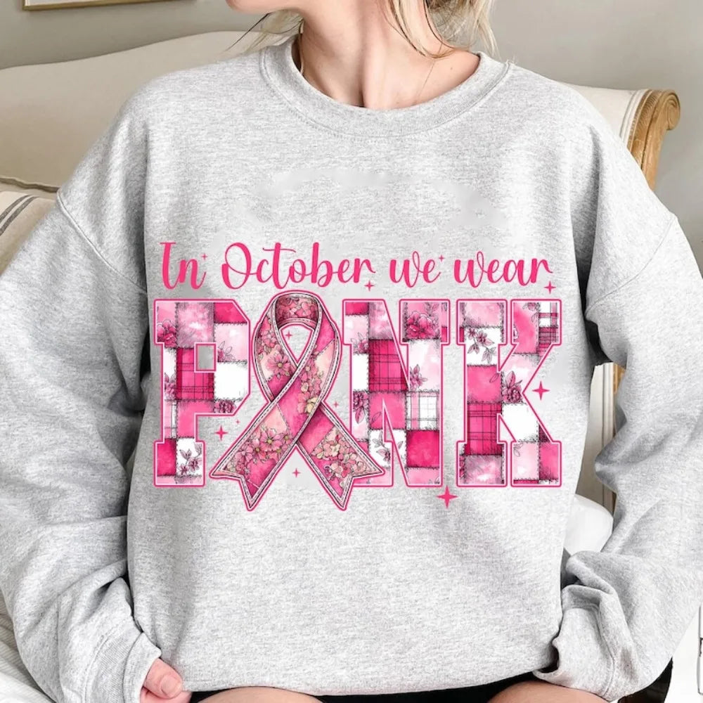 In October We Wear Pink Clothing Composite Creativity Pink Ribbon Tops Breast Cancer Women Modern and Trendy Streetwear Apparel