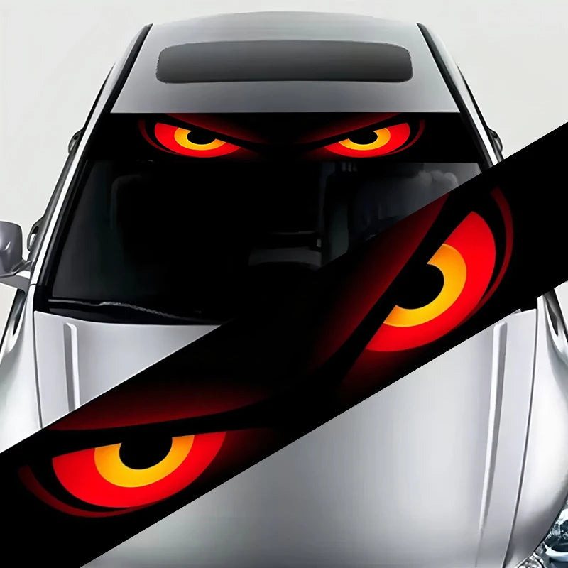 A striking red and black evil look style decorative strip design car windshield sticker. This unique car decal adds a touch