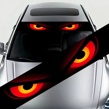 A striking red and black evil look style decorative strip design car windshield sticker. This unique car decal adds a touch
