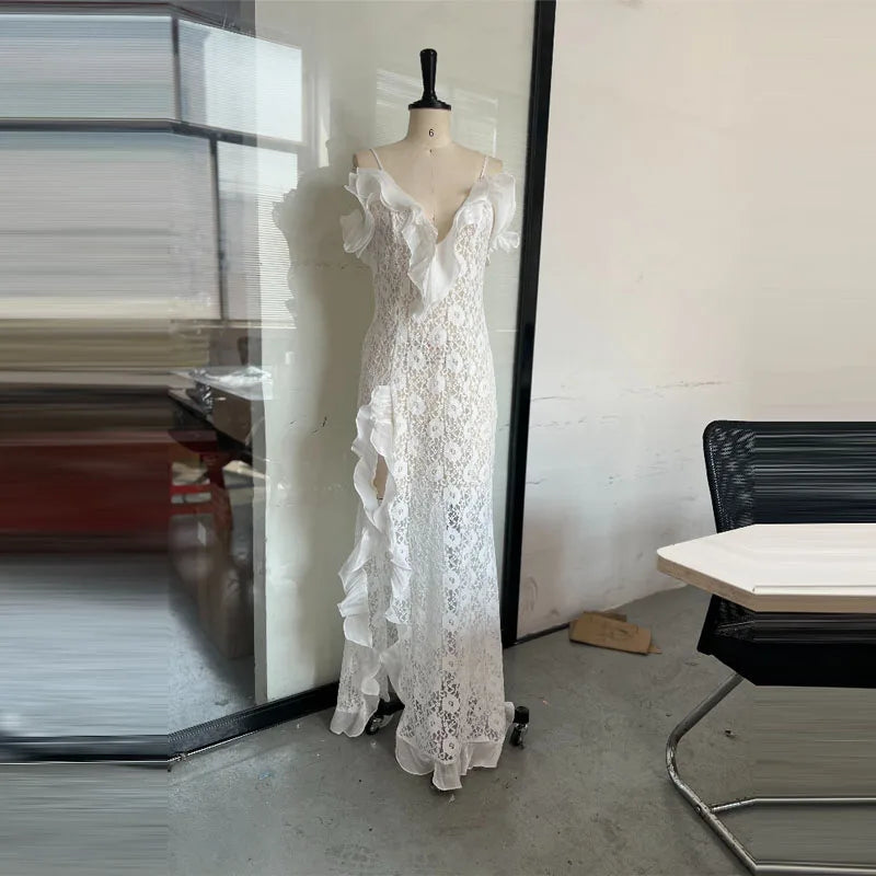 Sexy Hollow Out Lace Maxi Dress Women Spaghetti Strap Ruffles Party Club Robes Backless Side Slit Beach Vacation Lady Dress