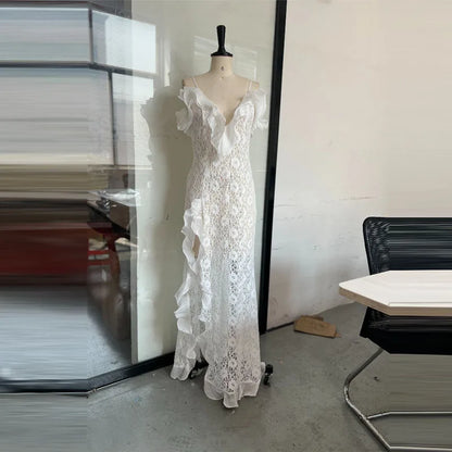 Sexy Hollow Out Lace Maxi Dress Women Spaghetti Strap Ruffles Party Club Robes Backless Side Slit Beach Vacation Lady Dress