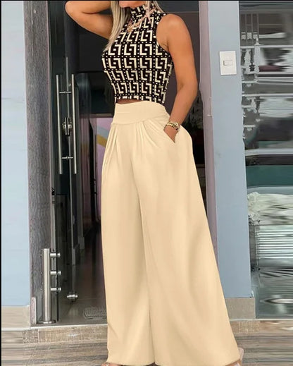 2026 Summer Fashion Printing Two Piece Set Women Casual Solid Sleeveless Tank Top Wide Leg Pants Two Piece Set Women