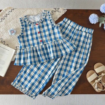 Bear Leader Korean Version Kids Clothes Girls Blue Imitation Denim Suit Summer New Sleeveless Top+Wide Leg Pants Two-piece Set