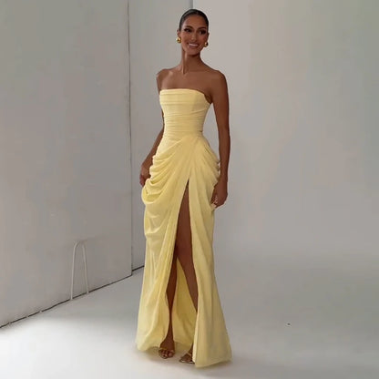 Elegant Yellow Strapless Pleated Dress Women Chic Sleeveless Waist Cinching Split Maxi Gowns 2026 Summer Lady Evening Party Robe